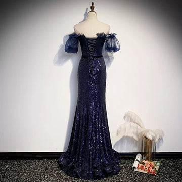 Mermaid Navy Blue Sequin Prom Dresses Sexy Evening Dress HZ1023